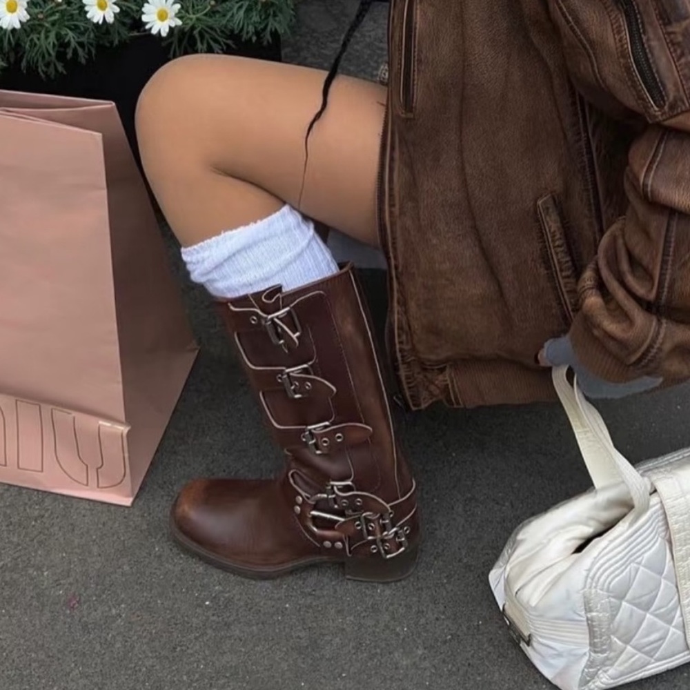 Miu Miu Brown Buckle Over the Knee Boots